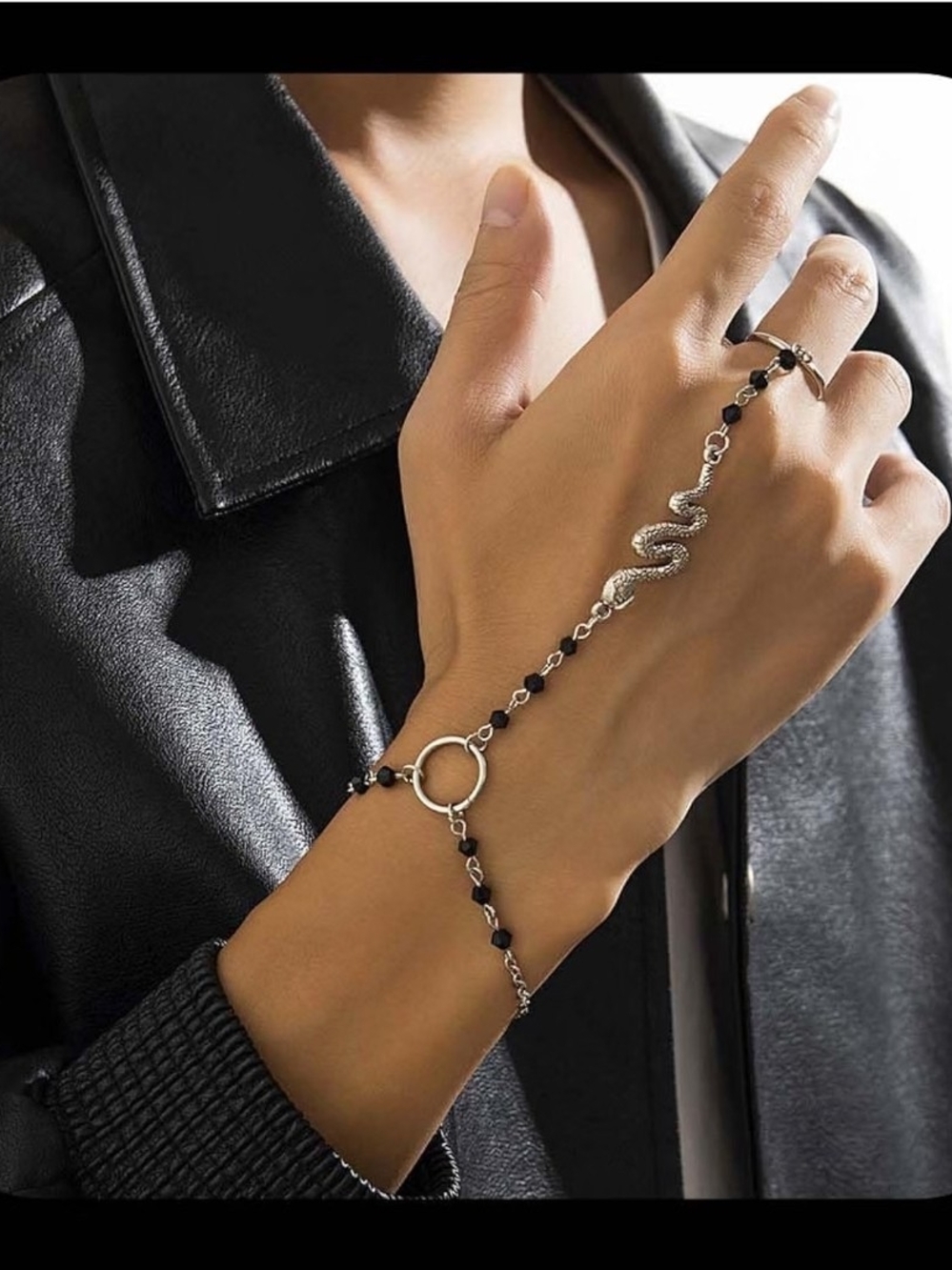 Silver Snake Hand Chain with Black Beads